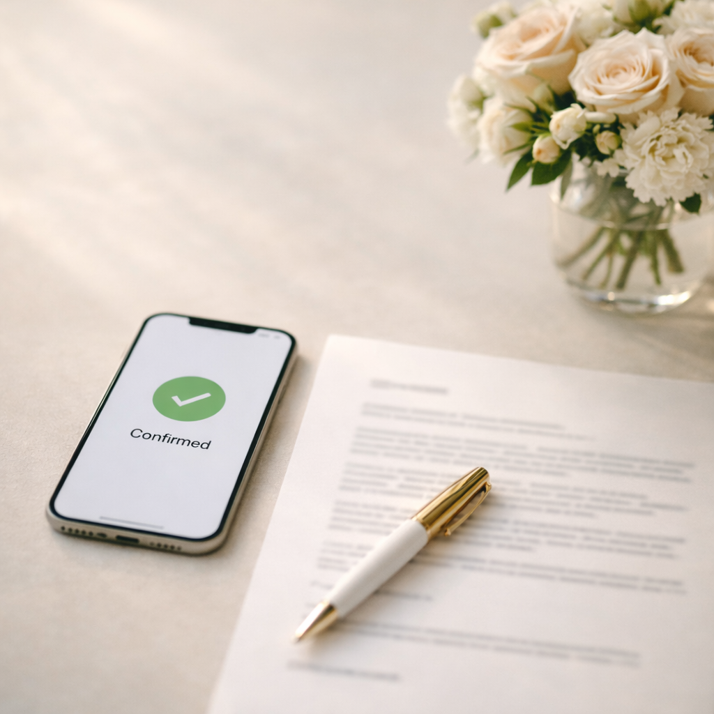 Event planner discussing wedding décor contract
